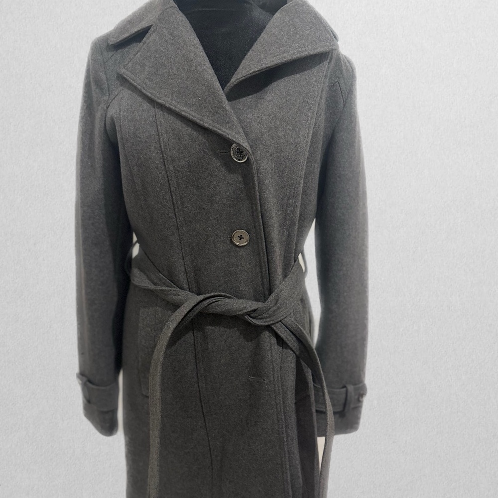 Michael Kors Gray Wool Blend Coat – Belted Button Front Mid Length